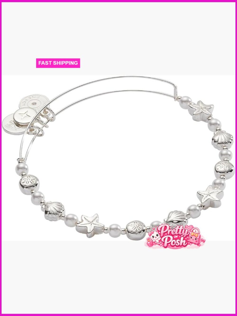 Nickel-Free Brass Bangle Bracelet with Beaded Chain - Picture 1 of 4